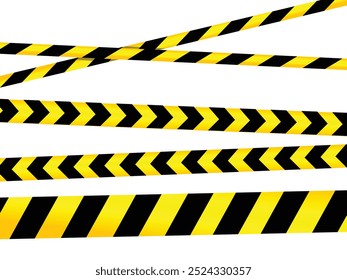 Set of caution tapes with black and yellow diagonal slashes or chevron print. Warning borders in construction work zone or crime scene. Danger, attention or forbidden signs. Vector flat illustration.