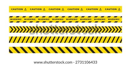 Set of caution tapes with black and yellow diagonal slashes or chevron print. Warning borders in construction work zone or crime scene. Danger, Attention tapes. Flat vector illustration design.