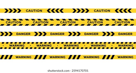 Set of caution tapes with yellow and black stripes isolated on a transparent background. Warning and Danger ribbons. Abstract stripes for police, accidents, construction. Seamless flat vector.