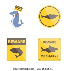 Set of cautionary shark warning signs with graphic silhouette images for marine safety and beach alert in the ocean, featuring vector icons and underwater predator representations