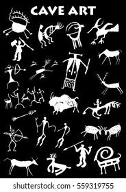 Set of Cave Art in black background - Vector image