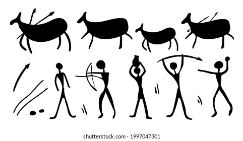 A set of cave paintings depicting people and animals. Vector illustration.