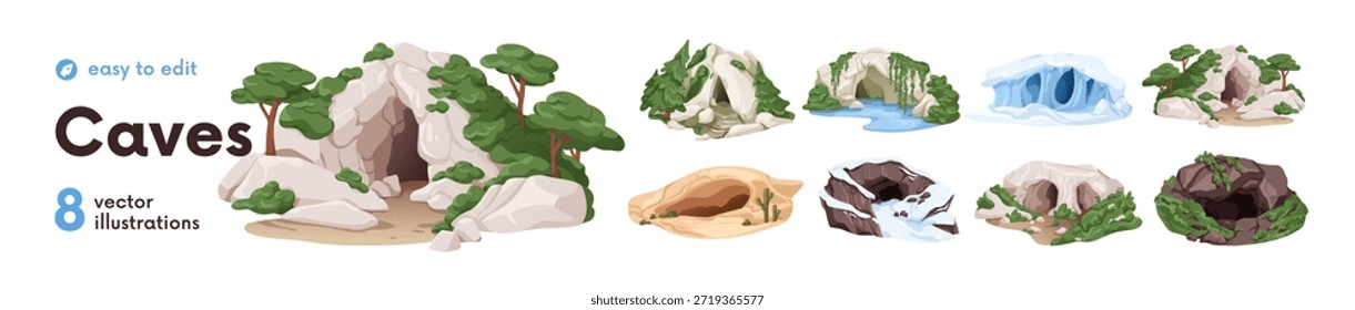 Conjunto de cavernas. Cavernas naturais na floresta, montanha, rochas. Pedra com entradas rochosas, passagens subterrâneas, buracos. Burrow, aberturas de gabinete. Ilustração de vetor plano isolada no plano de fundo branco