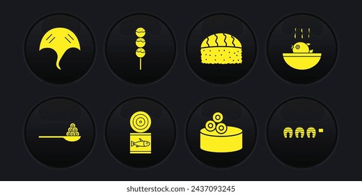 Set Caviar on a spoon, Puffer fish soup, Canned, Tin can with caviar, Sushi, Takoyaki stick, Grilled steak and Stingray icon. Vector
