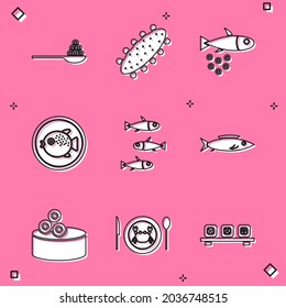 Set Caviar on a spoon, Sea cucumber, Fish with caviar, Puffer fish plate, Fishes, Tin can and Served crab icon. Vector