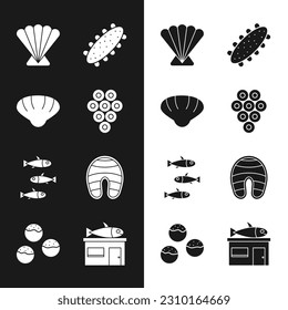 Caviar, concha de vieiras, pepino de mar, pescados, filete, confitería y Takoyaki. Vector