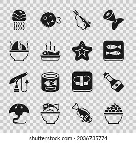 Set Caviar, Soy sauce bottle, Canned fish, Fishing harpoon, Served plate, Shark fin soup, Jellyfish and Starfish icon. Vector