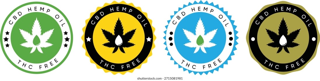 Conjunto de insignias de aceite de cáñamo de CBD, sellos de garantía sin THC con hoja de cannabis e ícono de gotita, etiquetas de Producto de marihuana médica en Colección de Vector dorado, verde y azul