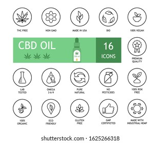 Set of CBD oil icons. Marijuana extract. THC free, non gmo, made in USA, bio, 100% vegan, premium quality, lab tested, omega 3-6-9, pure natural, no pesticides, risk free, organic, eco, no gluten, gmp