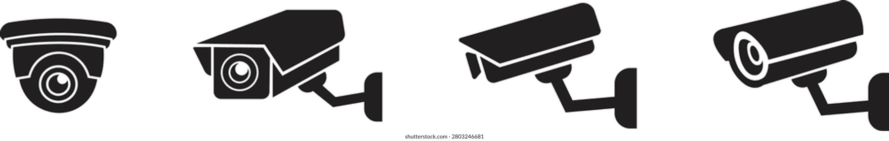 Set of cctv camera icons features solid black silhouettes, home security surveillance systems represent safety and protection, video monitoring vector illustration isolated on transparent background.