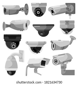 Set CCTV camera on white backdrop. Equipment surveillance for protection, safety and watching, vector illustration. Security camera in style flat design.