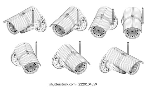 Set with cctv camera wireframe in different positions from black lines isolated on white background. Isometric view rotates right and left. 3D. Vector illustration.