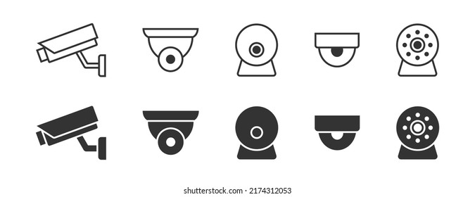 Conjunto de iconos de CCTV. Iconos de cámaras de seguridad en el hogar. Ilustración vectorial.