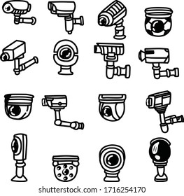 Un conjunto de iconos de CCTV adecuados para cualquier CCTV y contenido de seguridad con doodle y estilo de caricatura