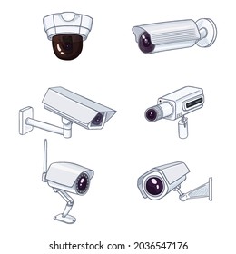 Set of CCTV Illustrations. Cartoon White Security Cameras. Video Surveillance Equipment.