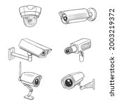 Set of CCTV Illustrations. Sketch Security Cameras. Video Surveillance Equipment.