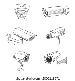 Set of CCTV Illustrations. Sketch Security Cameras. Video Surveillance Equipment.