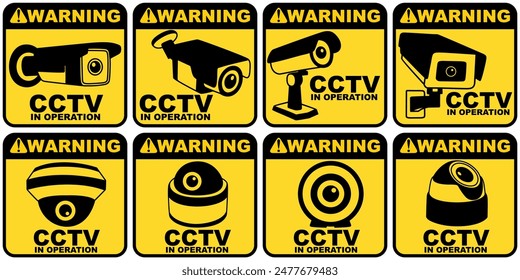 CCTV-Betriebswarnung einstellen. Security Camera Sign Symbol Design Vektorillustration