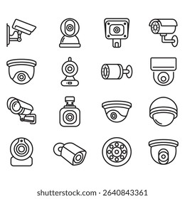 Set of cctv related icons. Thin line style vector contains various shapes of cctv icons.