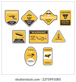 A set of CCTV warning signs in different shapes and sizes. The signs are all yellow and black, and they all say WARNING CCTV 247.