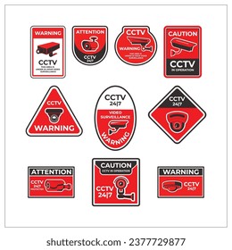 A set of CCTV warning signs on a white background, including rectangular, square, and circular signs. 