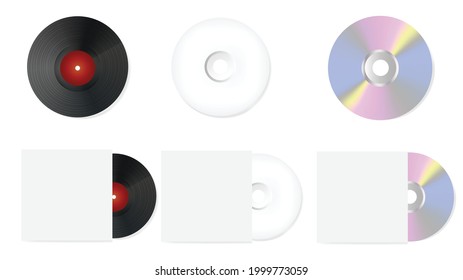 Set of CD and covers.Template for album or dvd.Realistic vector illustration.3d mockup for advertising.Front view standing vinyl record.Sign, symbol, icon or logo.Front and back view.