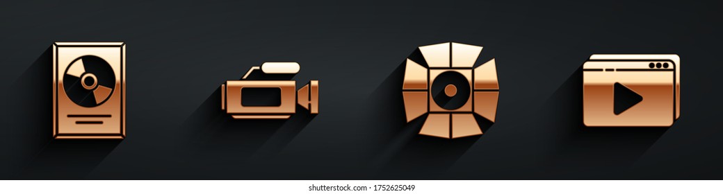 Set CD disk award in frame, Cinema camera, Movie spotlight and Online play video icon with long shadow. Vector