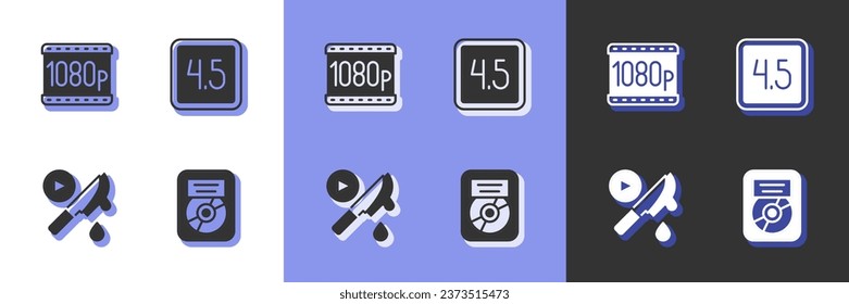 Setzen Sie CD-Plattenpreis in Frame, Full HD 1080p, Thriller Film und Rating Symbol. Vektorgrafik