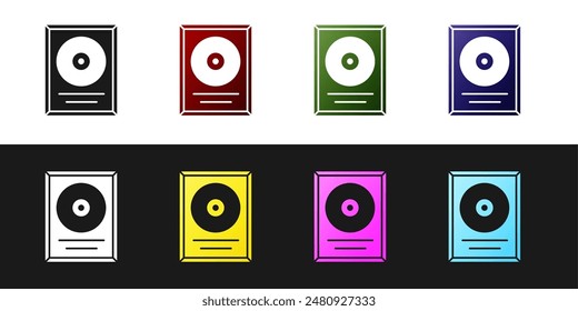 Set CD disk award in frame icon isolated on black and white background. Modern ceremony. Best seller. Musical trophy.  Vector