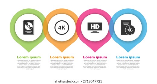 Set CD disk award in frame, 4k Ultra HD, Smart display with HD video and CD or DVD disk. Business infographic template. Vector