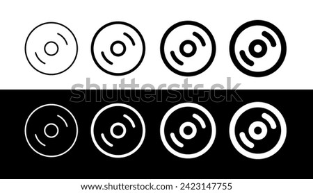Set of CD disk or vinyl record icons. Sound playback or musician icon. Compact Disc or DVD for recording information. Symbol of music, sound or gramophone.
