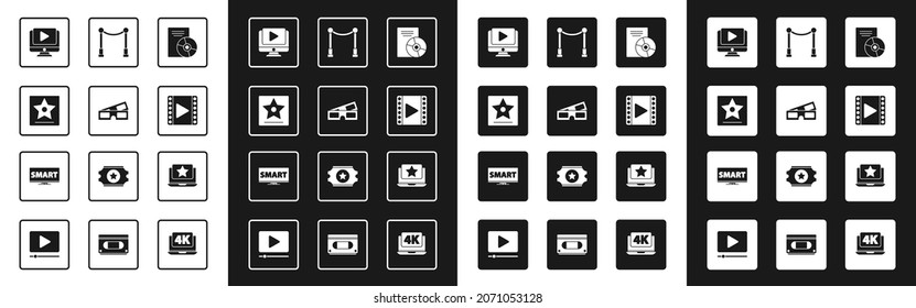 Set CD or DVD disk, 3D cinema glasses, Hollywood walk of fame star, Online play video, Play Video, Carpet with barriers, Laptop and Screen tv Smart icon. Vector