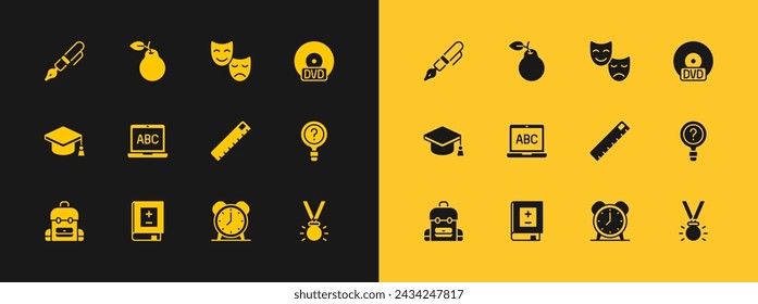 Set CD or DVD disk, Book with mathematics, Ruler, Alarm clock, Laptop, Comedy and tragedy masks, Fountain pen nib and Pear icon. Vector