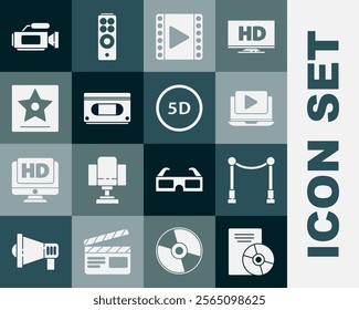 Set CD or DVD disk, Carpet with barriers, Online play video, Play Video, VHS cassette tape, Hollywood walk of fame star, Cinema camera and 5d virtual reality icon. Vector