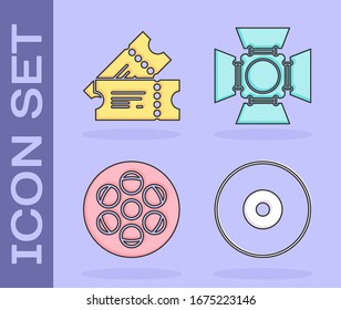 Set CD or DVD disk , Cinema ticket , Film reel  and Movie spotlight  icon. Vector