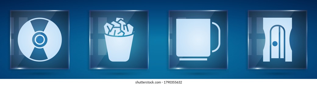 Set CD or DVD disk, Full trash can, Coffee cup and Pencil sharpener. Square glass panels. Vector