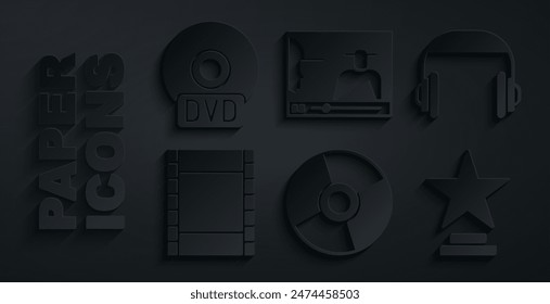 Set CD or DVD disk, Headphones, Play Video, Movie trophy, Online play video and  icon. Vector