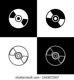 Set CD or DVD disk icons isolated on black and white background. Compact disc sign. Line, outline and linear icon. Vector Illustration