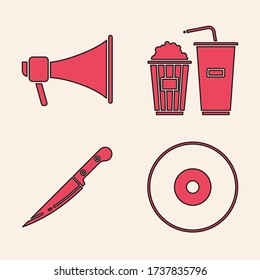 Set CD or DVD disk , Megaphone , Popcorn and soda drink glass and Knife  icon. Vector