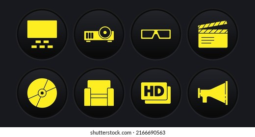 Set CD or DVD disk, Movie clapper, Cinema chair, Hd movie, tape, frame, 3D cinema glasses, Media projector, Megaphone and auditorium with seats icon. Vector