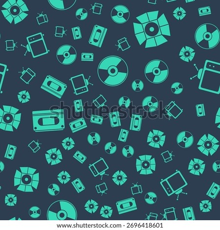 Set CD or DVD disk, Movie spotlight, VHS video cassette tape and Retro tv on seamless pattern. Vector