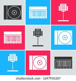 Ajuste el disco de CD o DVD, el sintetizador de música y el icono del stand de música. Vector