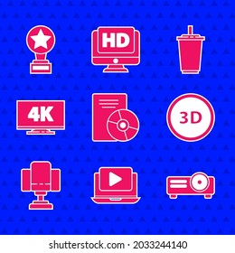 Set CD or DVD disk, Online play video, Movie, film, media projector, 3D word, Director movie chair, Screen tv with 4k, Paper glass water and trophy icon. Vector