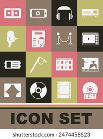 Set CD or DVD disk, Online play video, Headphones, Cinema poster, Retro cinema camera, VHS cassette tape and Rope barrier icon. Vector