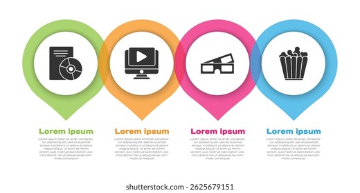 Set CD or DVD disk, Online play video, 3D cinema glasses and Popcorn in box. Business infographic template. Vector