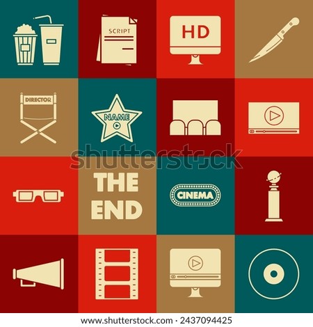 Set CD or DVD disk, Online play video, Computer PC monitor with HD technology, Hollywood walk of fame star celebrity boulevard, Director movie chair, Popcorn and soda drink glass and  icon. Vector