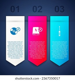Set CD or DVD disk service, Power bank and Screwdriver. Business infographic template. Vector