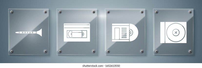Set CD or DVD disk, Vinyl disk, VHS video cassette tape and Clarinet. Square glass panels. Vector