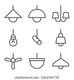 Set of Ceiling Decoration Outline Icon. Lamp, Light, Fan Bulb, and More Editable Stroke. Vector Eps 10