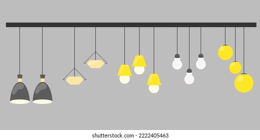 Juego de luces de techo. Bombilla colgada en una cuerda. Iluminación interior. Lámparas aisladas de vectores.